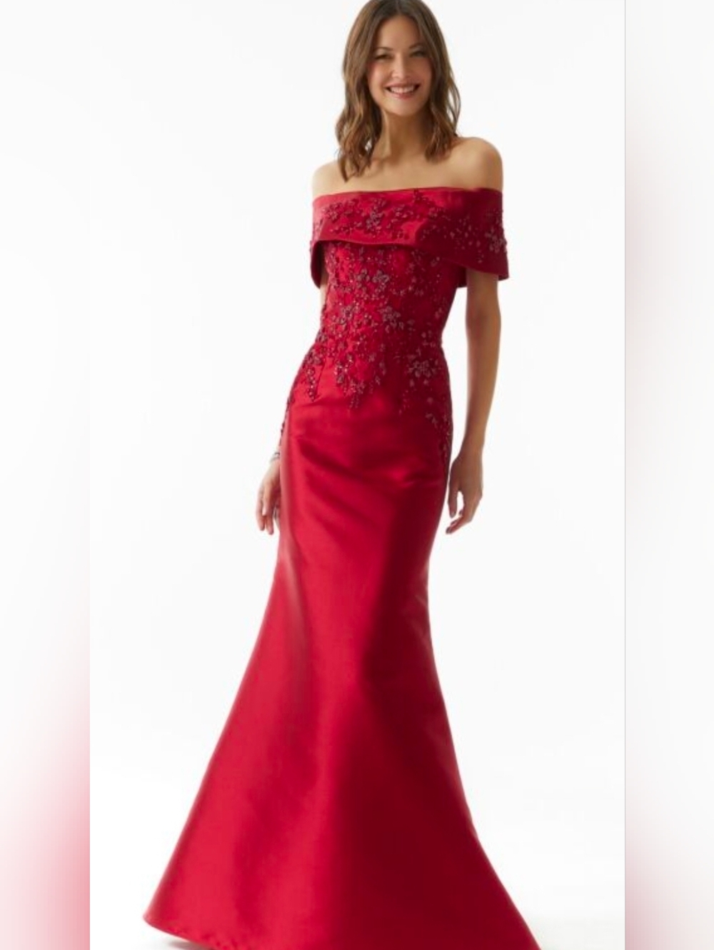 MGNY NWT Champagne Beaded Lace Applique Satin Fit Flare Maxi Dress Sz 2 #73019